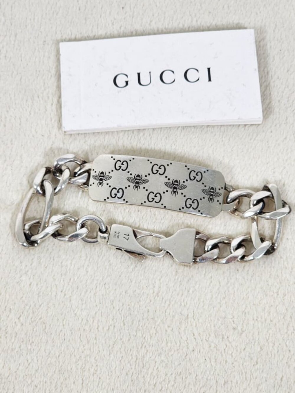 Gucci Sterling Silver GG Signature Bee ID Bracelet